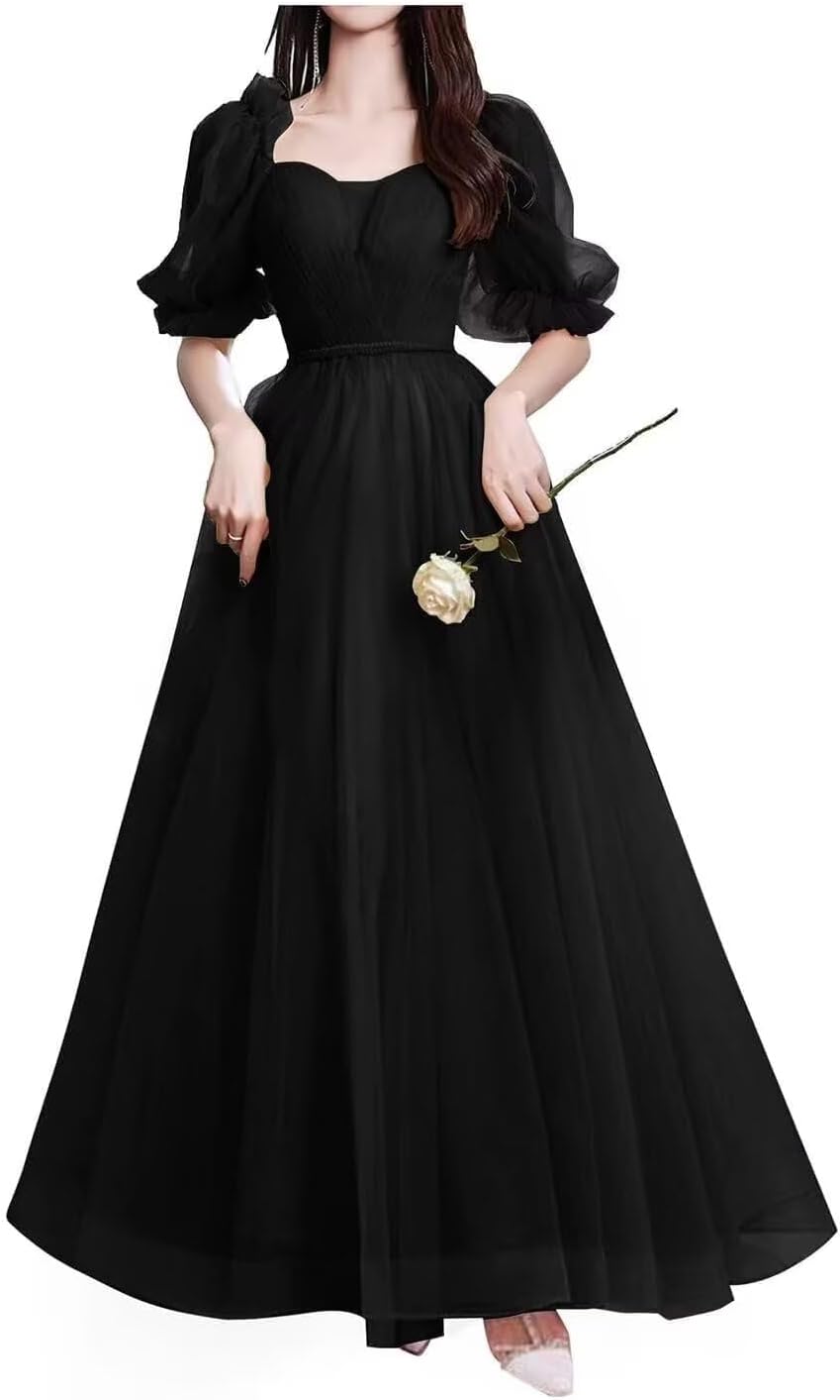 CWOAPO Long Puffy Sleeve Tulle Prom Dress Sweetheart Ball Gown for Women A Line Formal Evening Party Dress