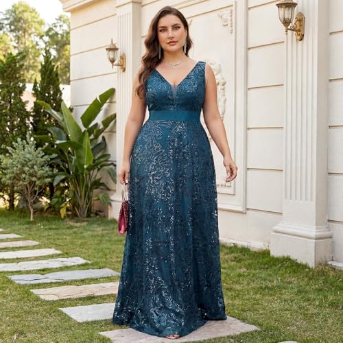 Image of Plus Size Formal Dresses for Women with Embroidery Sequin and V-Neck, A-Line Maxi Dress for Wedding and Cocktail