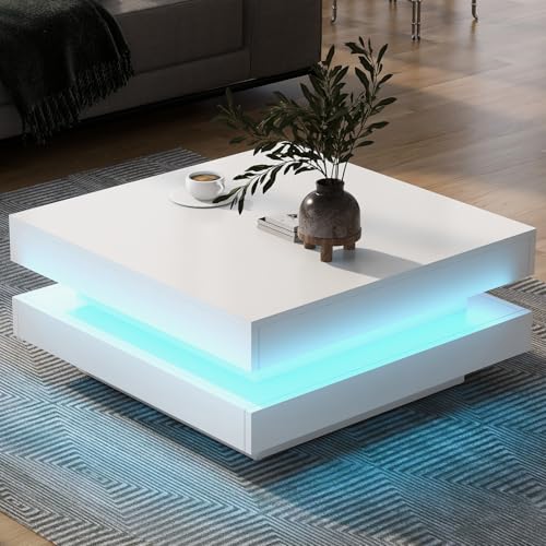 BTM Table Basse LED Via APP, 2 Couches Rangement, Carrée Coffee Table Blanche, 70 x70x36 cm, Blanc