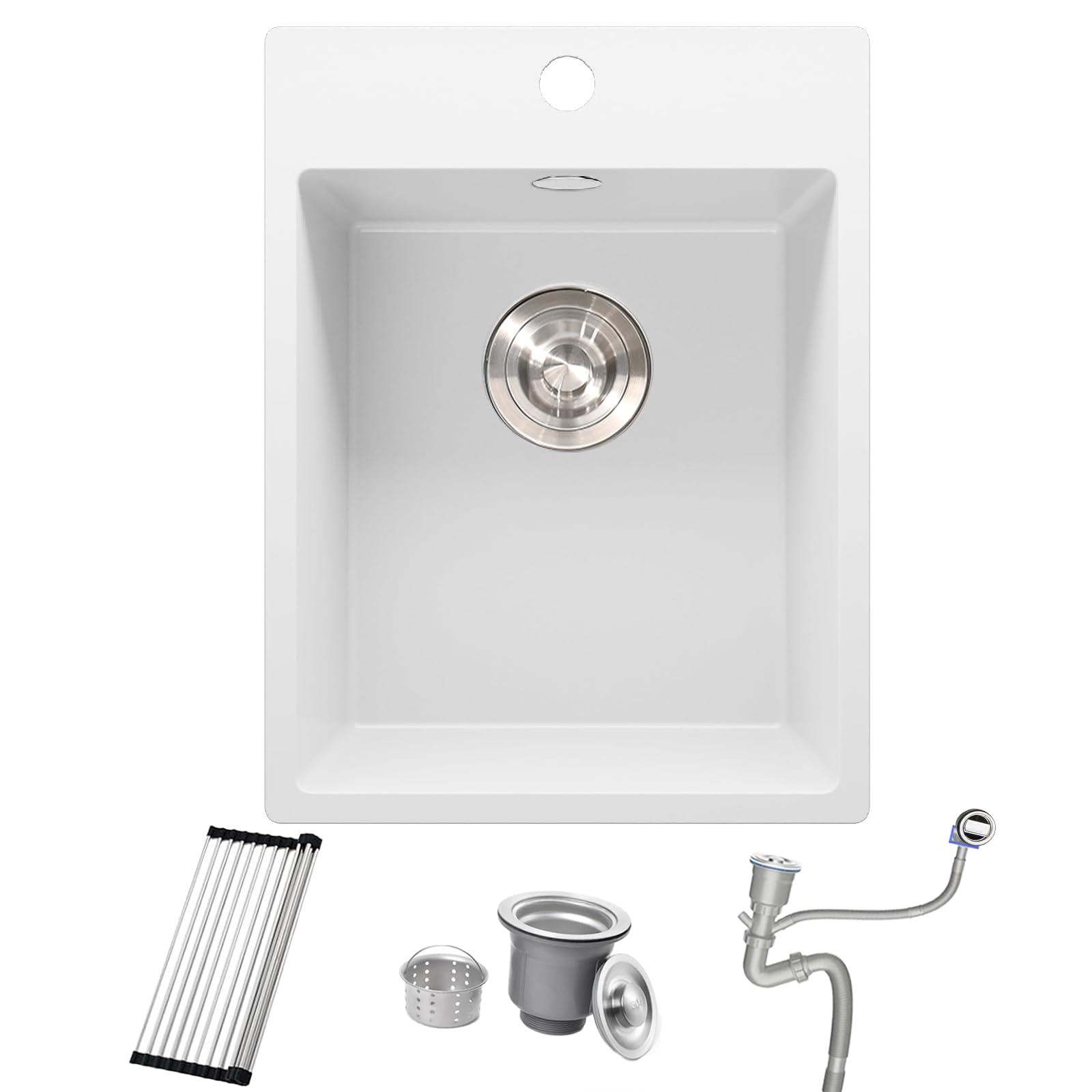Bokaiya White Small Granite Kitchen Sink, 38 x 50 cm Campervan Kitchen Sink Bowl, Single Bowl Mini Basin Outdoor Rv with Strainer Waste & Overflow Kit, Roll-up Rack and Siphon
