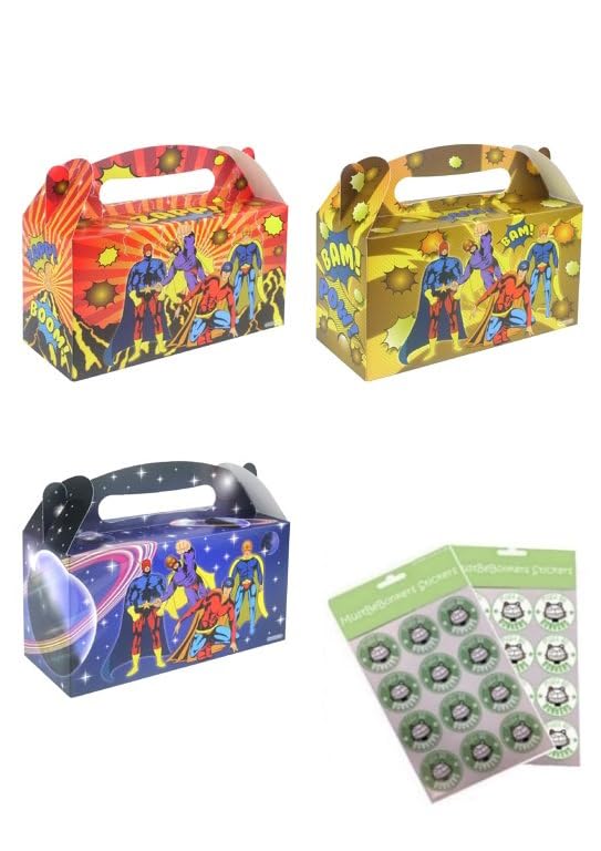 MustBeBonkers LARGE PARTY BOXES - PACK OF 12 - Children/Kids Party Food Boxes Picnic Carry Meal Box Birthday Party Box With Sticker Seals (Super Hero)