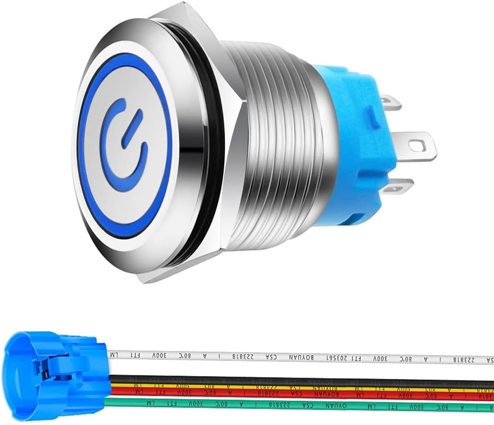 Gebildet 22mm Stainless Steel Push Button Lock Switch, LED Power Symbol 12V-24V 5A Waterproof Lever Switch with Socket Plug (Blue LED)