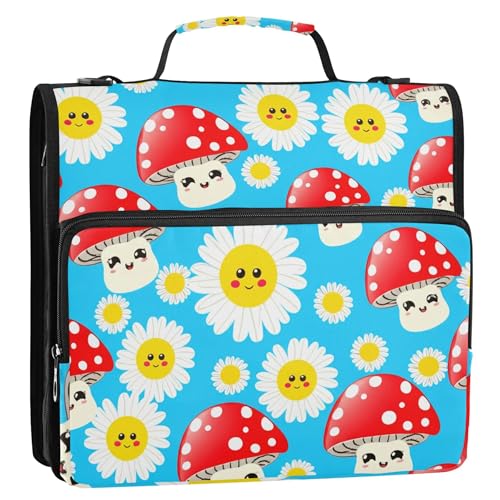 かわいい笑顔のキノコ フローラルブルー 1 1/2インチ 3リングバインダー Dリングバインダー ジッパーオーガナイザーバインダー ストラップ付き ミドルスクールバッグ ポートフォリオ&ケース リングフォルダーホルダー