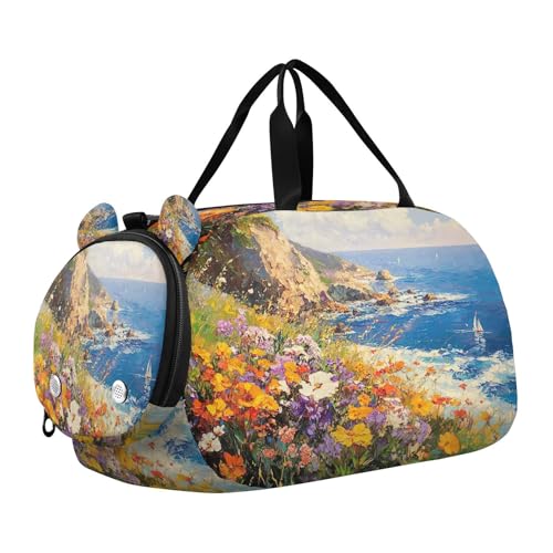 YETTASBIN Sport Travel Duffel Bag for Girls Boys, Art Painting Flower Large Waterproof Weekender Overnight Bag, Detachable Shoulder Strap Gym Bag with Shoe Compartment & Wet Pocket
