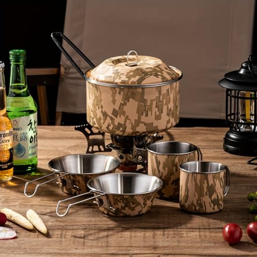 Set de Cocina para Camping Pardarsey 5PCS Camuflaje, Acero Inoxidable Portátil Exterior con Olla, Sartenes y Tazas, Mangos Plegables para Senderismo, Camping y Picnics miniatura 5