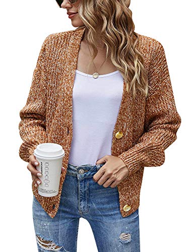 Woolen Bloom Womens Cardigan Sweater V Neck Long Sleeve Button Down Open Front Cardigan Loose Outerwear Caramel