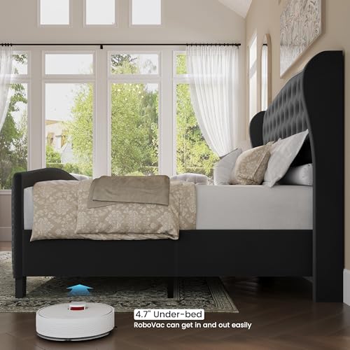 Grey Velvet Tufted King Size Bed Frame with Wingback Headboard & Footboard - No Box Spring Needed