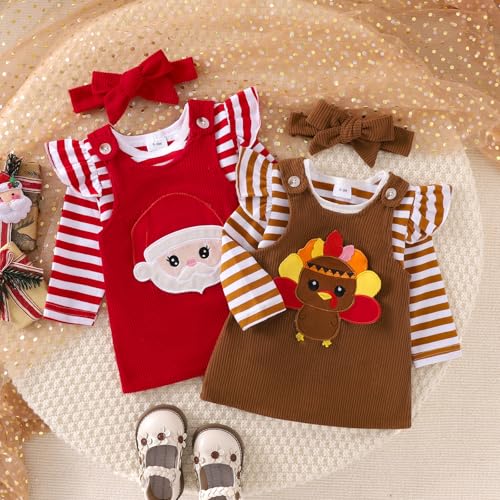 Christmas Halloween Skirt Outfit Newborn Baby Girl Ruffle Romper Suspender Corduroy Overall Dress 3Pcs Clothes2