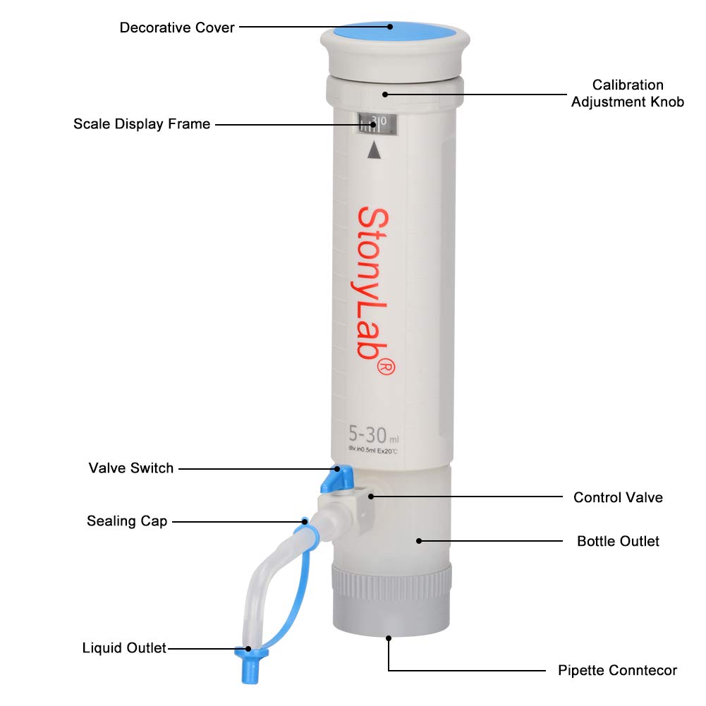 stonylab Flaschenaufsatzdispenser, Autoklavierbarer Verstellbarer Flaschenaufsatzdispenser mit 500ml Borosilikat-Reagenzflasche und Adaptern, Bottle Top Dispenser für die Laborforschung, 5-30ml