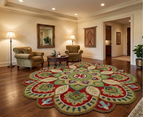 Image of Sifa Carpet Traditional Floral Round Area Rug - Hand-Tufted New Zealand Wool Circular Carpet for Dining Room & Bedroom Weight -10 Pund, Size-4x4 Feet (48x48 Inch Round)
