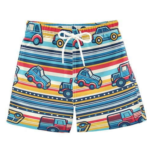 FLildon Cute Cars with Stripes Boys Swim Trunks with Mesh Lining Quick Dry Beach Board Shorts, 4T