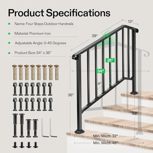 Image of VIVOSUN 4-Step Railing 54 inchx36 inch Wrought Iron with Curved & Balusters Black | Sturdy wrought iron handrail with curved ends and balusters for elderly; rustproof black; full hardware; for porch and deck