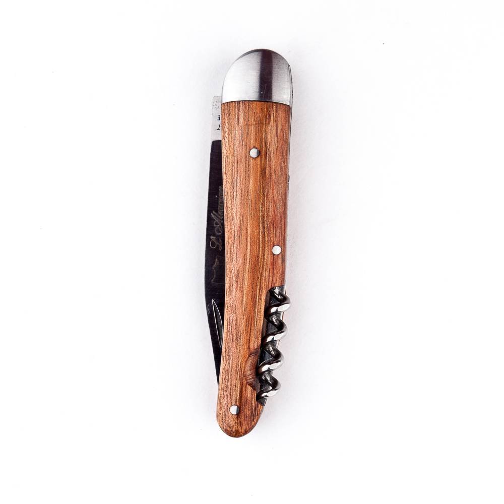 170636 Couteau L'alsacien, 2 p. (lame de 7,5 cm acier carbone XC 75, tire-bouchon), manche 10 cm bubinga, mitre acier.