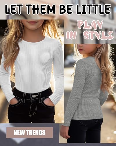 Image of 4 Pack Girls Long Sleeve Shirts Ribbed Knit Cotton Crewneck Tops Slim Fit Soft Casual Kids Base Layer Undershirts
