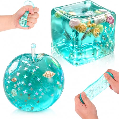2 Pack Ocean Squeeze Toys, Apple and Cube Shaped Sensory Fidget Toys with Seashells and Star Glitter, Soft Stretchy Squishy Toys for Kids and Adults, Party Favors and Gift Ideas