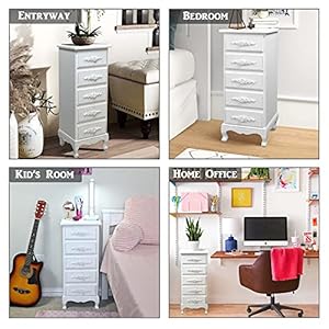 Fully assembled white lingerie dresser tall skinny chest wood nightstand for bedroom girls dresser antique furniture baby nursery storage free standing jewelry organizer with queen anne legs  urban country home decor