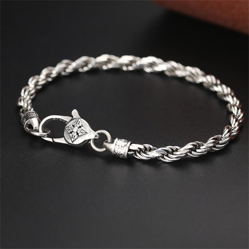 S925 Bracciale Personalizzato in Argento Sterling Con Sei Parole Della Verità, Bracciale in Corda Di Canapa Con Sei Parole Della Verità Vajra E Pestello Da 4 Mm Per Uomo,Argento,18cm