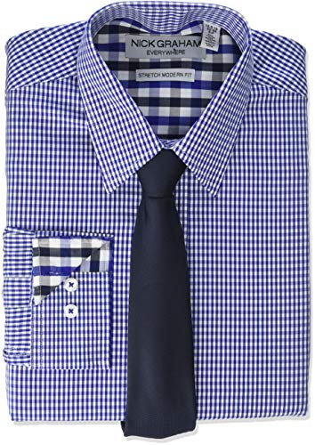 Nick Graham mens Stretch Modern Fit Gingham Dress Shirt and Solid Tie Set