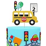 School Bus 2nd Birthday Cake Topper, Speed Limit Bus Two Cake Topper for Boys, Traffic Vehicle Car 2 Years Old Birthday Cake Decor, School Theme 2nd Anniversary Party Decoration - Gold Glitter