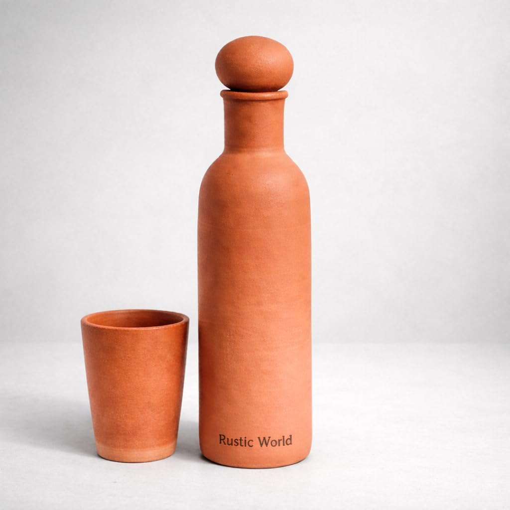 Terracotta Water Bottle 1 Litre | Handmade Mitti Drinking Vessel | Natural Cooling Earthen Pot | Ecofriendly Bio-degradable | Travel Friendly Leak Resistant with Lid | Healthy (Clay Brown)