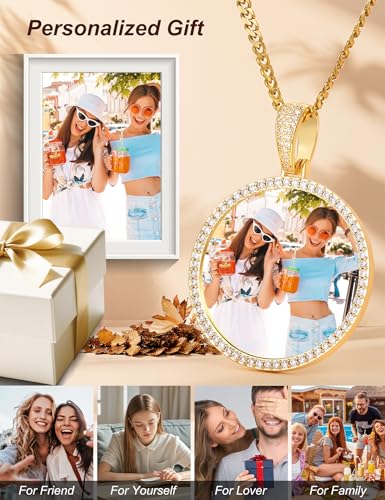 TUHE Custom Necklace For Men Women, Picture Necklace Personalized Photo Pendant With Engraving Text, 18K Gold Plated Custom Memorial Pendant Cubic Zirconia Rip Chain, Big Round Size-1.8 * 2.5in2