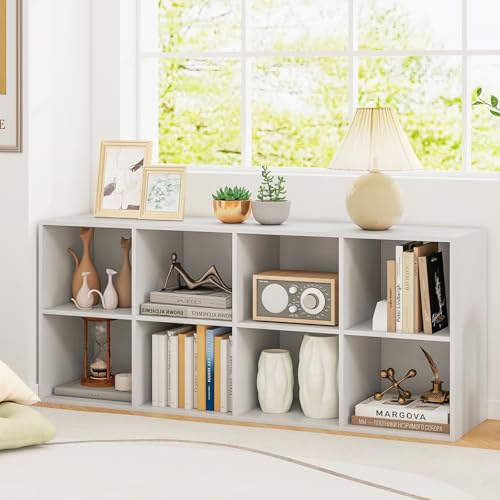 SILKYDRY 8 Cube Storage Organizer, Wooden Vertical & Horizontal Book Shelf, 24” Low Bookcase Under Window with Back Panels, 2-Tier Bookshelf for Classroom Home Office Living Room (White)