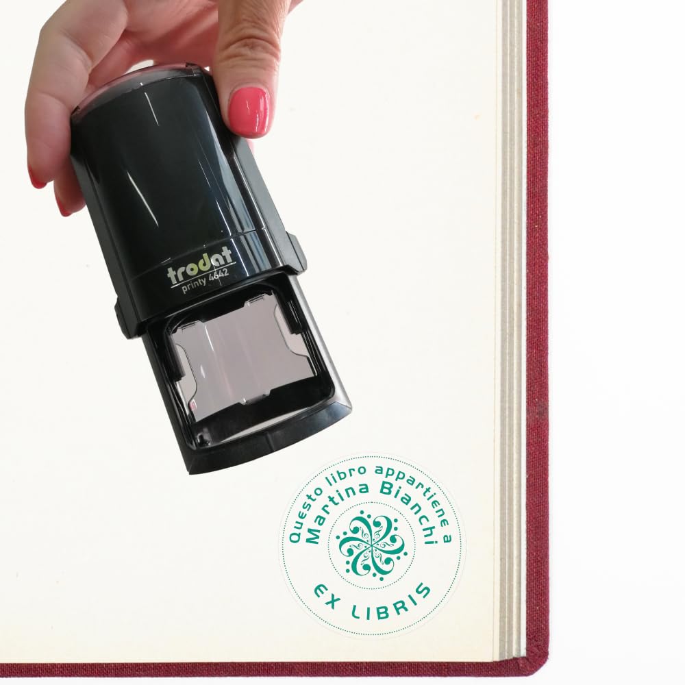 Trodat Timbro Ex Libris Monogramma PERSONALIZZATO "Note Musicali", Impronta Rotonda Ø 42 mm, Autoinchiostrante Printy, Libri, Biblioteca, Club del Libro (Impronta Verde)