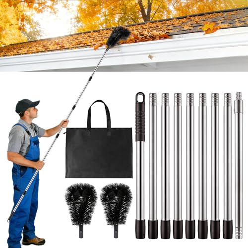 LrqzHsyl Gutter Cleaning Tools from The Ground - 12.7FT Long Adjustable gutter Cleaner & Brush No Ladder Needed | Gutter Clean Out Tool Makes it Easy To Clean Leaves Branches And Debris from Gutters