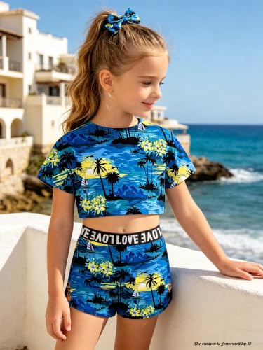 Image of Betusline Girls Summer 2 Piece Outfits,Kids Short Sleeve Crop Top & Shorts Set with Side Pockets