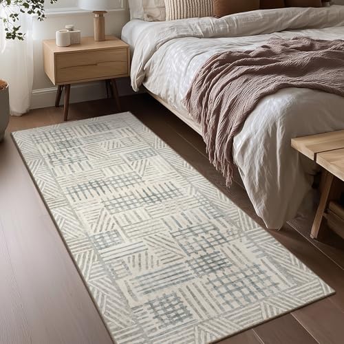 Image of Area Rug 2x6 Abstract Geometric Textured Brushstroke - Neutral Gray & Light Blue Modern Minimalist Hallway Runner Rug, Decorative Carpet for Living Room Bedroom Home Decor