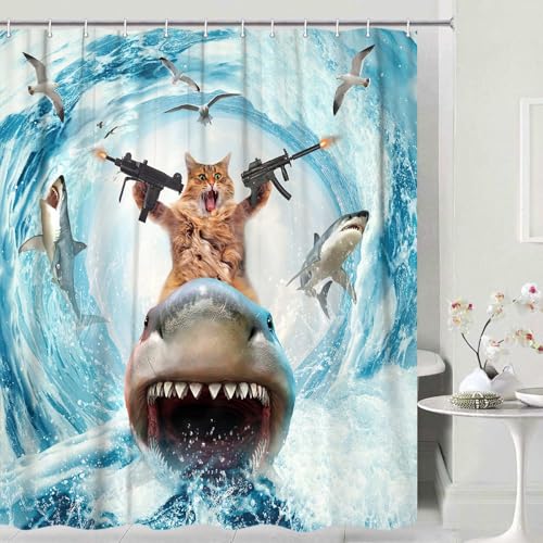 Image of Cat Shower Curtains for Bathroom, Funny Brown Cat Riding Shark Blue Ocean Theme Shower Curtain Set for Men Boys, Cute Cute Cool Blue Bath Curtain Sets with Hooks for Kids Room Decor