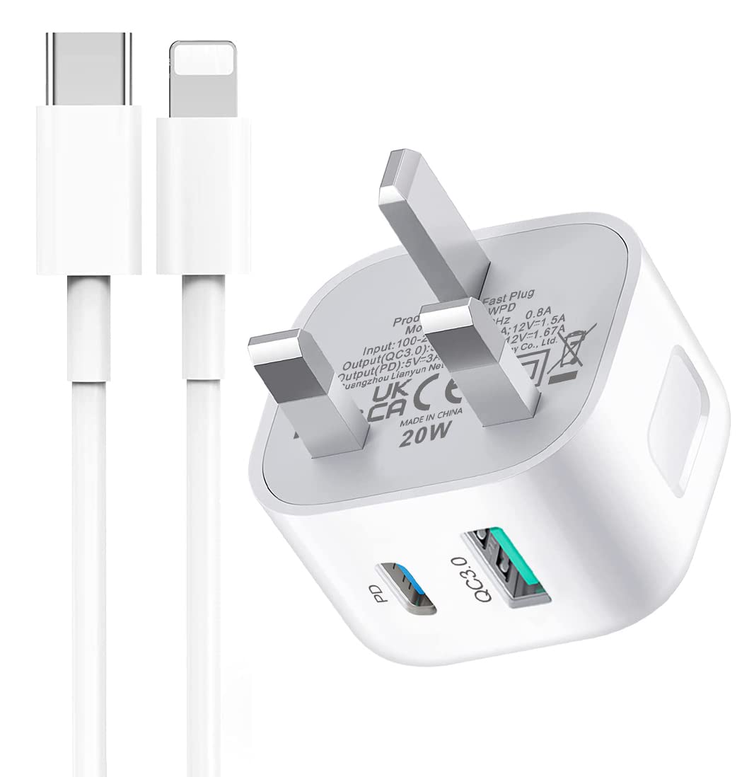 USB C Plug,20W Type C Fast Charger Plug and Cable for iPhone Charging Plug and Lead,Fast Charge for iPhone 14/14 Pro/13/13 Pro/12/12 Pro/11/SE/10/8/iPhone USB-C Adapter Plug UK and Lightning Wire