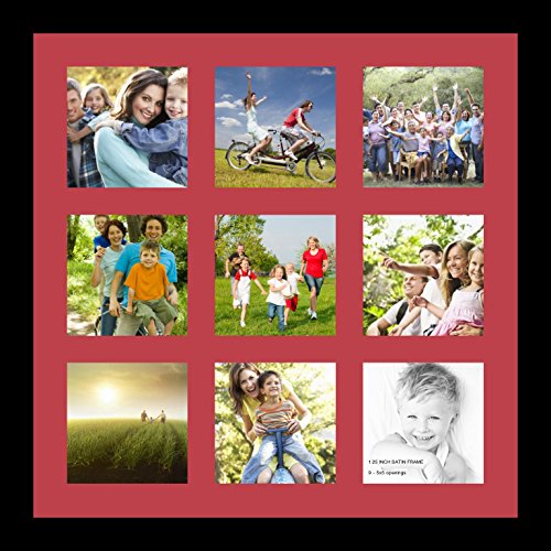 ArtToFrames Collage Photo Frame Single Mat with 9-5x5 Openings with Satin Black Frame and Rouge mat.
