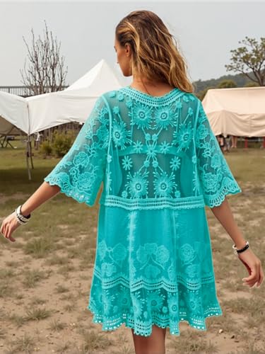 Image of Eomenie Women's Contrast Lace Bathing Suit Cover Up V-Neck Swimsuit Coverups Loose Swimwear Beach Dress Beachwear