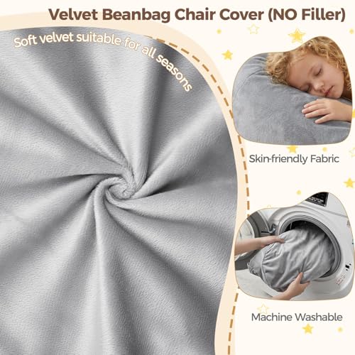 Image of Stuffed Animal Storage Bean Bag Chair Cover for Adults (No Filler), Soft Comfy Velvet Beanbag Chair Cover Machine Washable, Adults Bean Bag Chair with Handle for Living Room Bedroom, Dark Gray