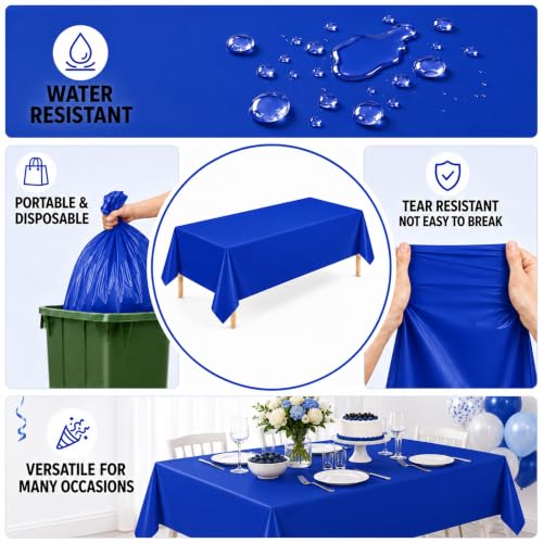 Image of WNINK 3 Pack Dark Blue Plastic Tablecloths, 54 x 108 Inch Disposable Covers | Ideal for Birthdays, Graduations, Baby Showers and Team Parties, Helping Protect Tabletops from Spills and Simplify Cleanup