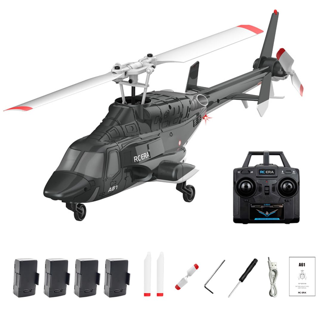 A61 Little Air-wolf RC Helicopter, 1/52 Scale 2.4G 4CH Single Rotor Remote Control Helicopter with One-Key Takeoff/Landing & LED Lights for Adults Beginners - RTF