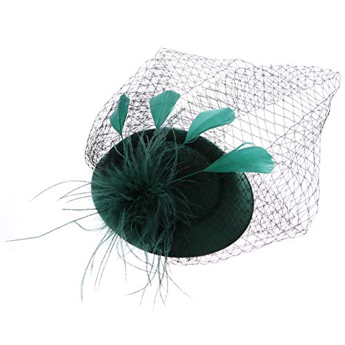 FRCOLOR Fascinator Hats Feather Derby Tea Party Hat Mini Pillbox Hat with Veil Headband Church Headwear for Cocktail Wedding Bridal Women Girls Green