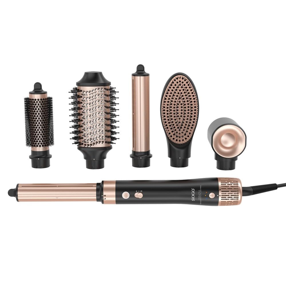 SOGO Airstyler, spazzola multistyler, arricciacapelli, arricciacapelli, strumento per lo styling 6 in 1, impostazioni di temperatura, funzione ionica, 1400 W, nero/oro