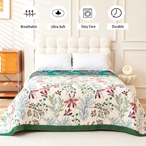 Image of VANJOROY Boho Throw Blanket, 100% Organic Cotton Breathable Ultra Soft 60 inch x 80 inch Bed Quilt Throw - All Season Floral Rustic Farmhouse Decor Luxury Reversible Blanket for Sofa Couch Chair and Gift