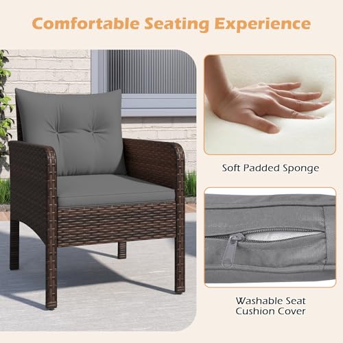 Image of Tangkula 3 Pieces Patio PE Wicker Furniture Set, Outdoor Bistro Conversation Set with Cushions and Tempered Glass Coffee Table, Outside Rattan Table and Chairs for Porch (Gray)