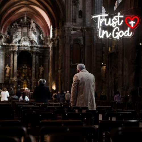 Image of Trust In God Neon Sign for Wall Decor Trust In God LED Light for Man Cave | Dimmable led light, cross christian, prayer room church decor, jesus spiritual wall art, inspirational gift, size 14.4*9.6 in