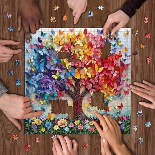 Image of iDream 1000 Pieces Jigsaw Puzzle - Artistic 3D Design, Colorful Wall Decor, Challenging Puzzle Gift for Friends & Family (Butterfly Tree)