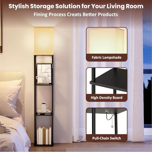 Image of HOMIFLY 4 Tier Metal Floor Lamp with Wooden Shelves /Square Lamp with 3 Adjustable Color Mode /Corner Display Book & Vase Shelf /Standing Night Lamps for Living-Study Room /Bedroom /Home Decor(Black)