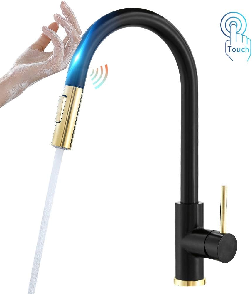 Touch Kitchen Faucets with Pull Down Sprayer Kitchen Sink Faucet with Pull Out Sprayer Single Hole Single Handle 304 Stainless Steel Kitchen Faucet, Black&Gold 1005RK2