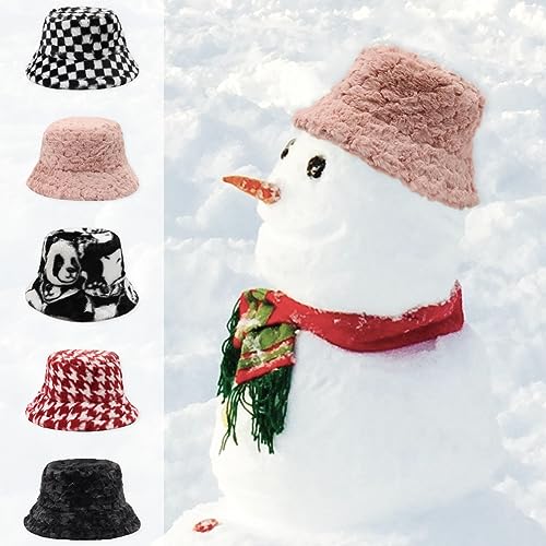 Image of Bucket Hat Women Furry Fuzzy Bucket Hats for Ladies, Winter Warm Fluffy Plush Faux Fur Hat for Women