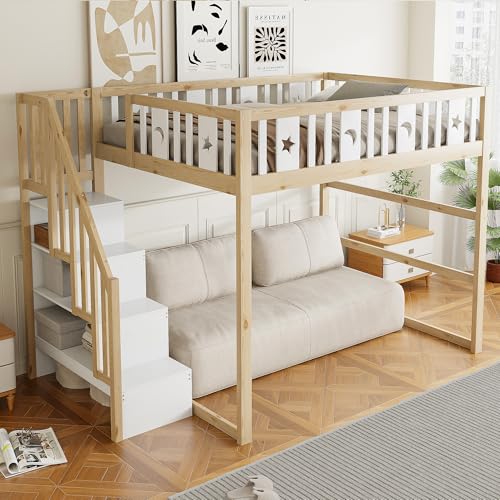 Merax Lit superposé pour enfant 140 x 200 cm, cadre mezzanine en bois massif avec rampe de sécurité, escalier avec étagères, peu encombrant, couleur bois...