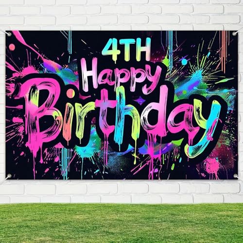 Image of HOMETITUTE Neon 4th Birthday Party Banner 71x43 Inch Paint Splatter Walls Decor for Kids Boys Girls Four Years Celebration Photo Booth Dynamic Background Glow in The Dark Backgrounds