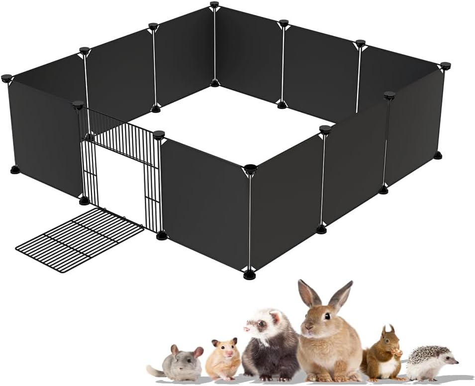 RicjurzztySmall Animal Playpen with Door,Indoor Plastic Pet Playpen Fence for Puppies,Small Cats,Guinea Pigs,Rabbits,Hamsters Portable Kennel Crate Fence Tent ,Black (black-12 panels)