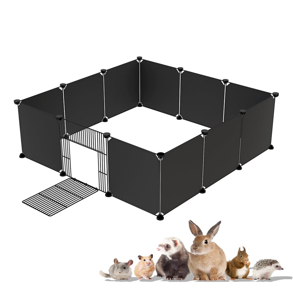 RicjurzztySmall Animal Playpen with Door,Indoor Plastic Pet Playpen Fence for Puppies,Small Cats,Guinea Pigs,Rabbits,Hamsters Portable Kennel Crate Fence Tent ，Black (black-12 panels)